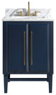Mason 25" Vanity Combo, Navy Blue, Matte Gold Hardware / Natural 1" Carrara White Marble Countertop and Backsplash