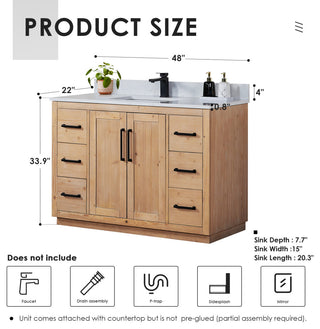 Cicero Vanity, Grain White Engineered Stone Countertop, Light Brown, 48", No Mirror