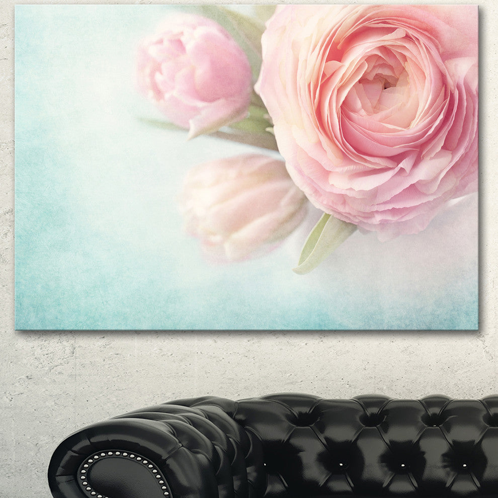 Pink Flowers against Blue Background, Floral Canvas Art Print, 40"x30"