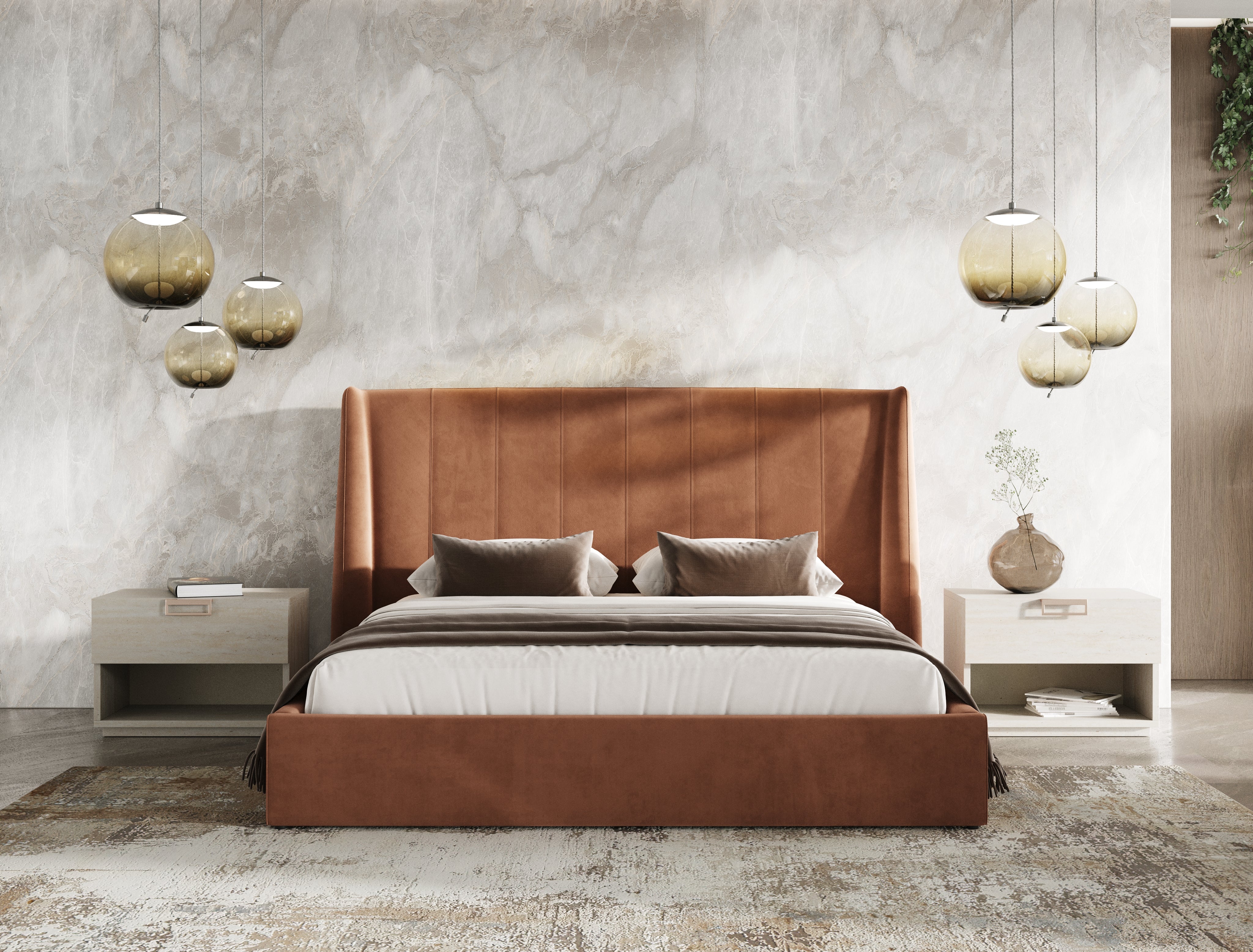Modrest Roma Modern Burnt Orange Microfiber Upholstered Bed, Eastern King