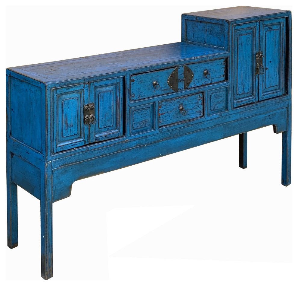 Vintage Chinese Distressed Bright Blue Drawers Foyer Narrow Side Table Hcs7743