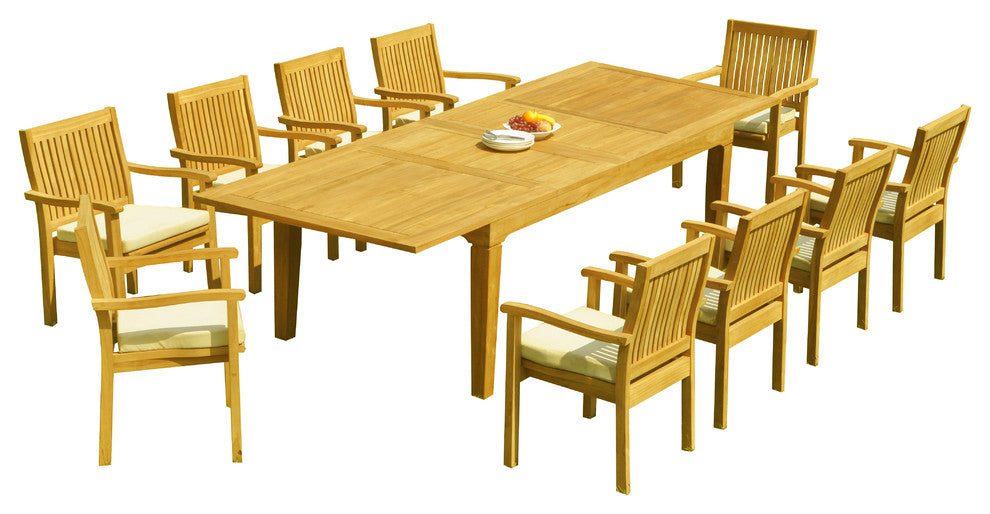 11-Piece Outdoor Teak Dining Set 122" Rectangle Table, 10 Lev Stacking Arm Chair