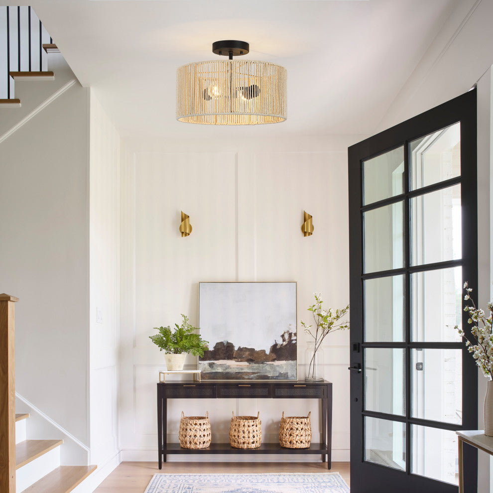 14" W 2-Light Woven Rope Drum Semi-Flush Mount Ceiling Light, Beige