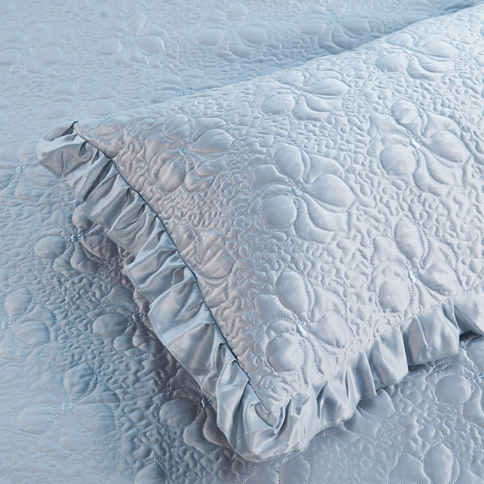 Matte Satin Ruffle 4 Piece Bed Spread Set, Light Blue, King
