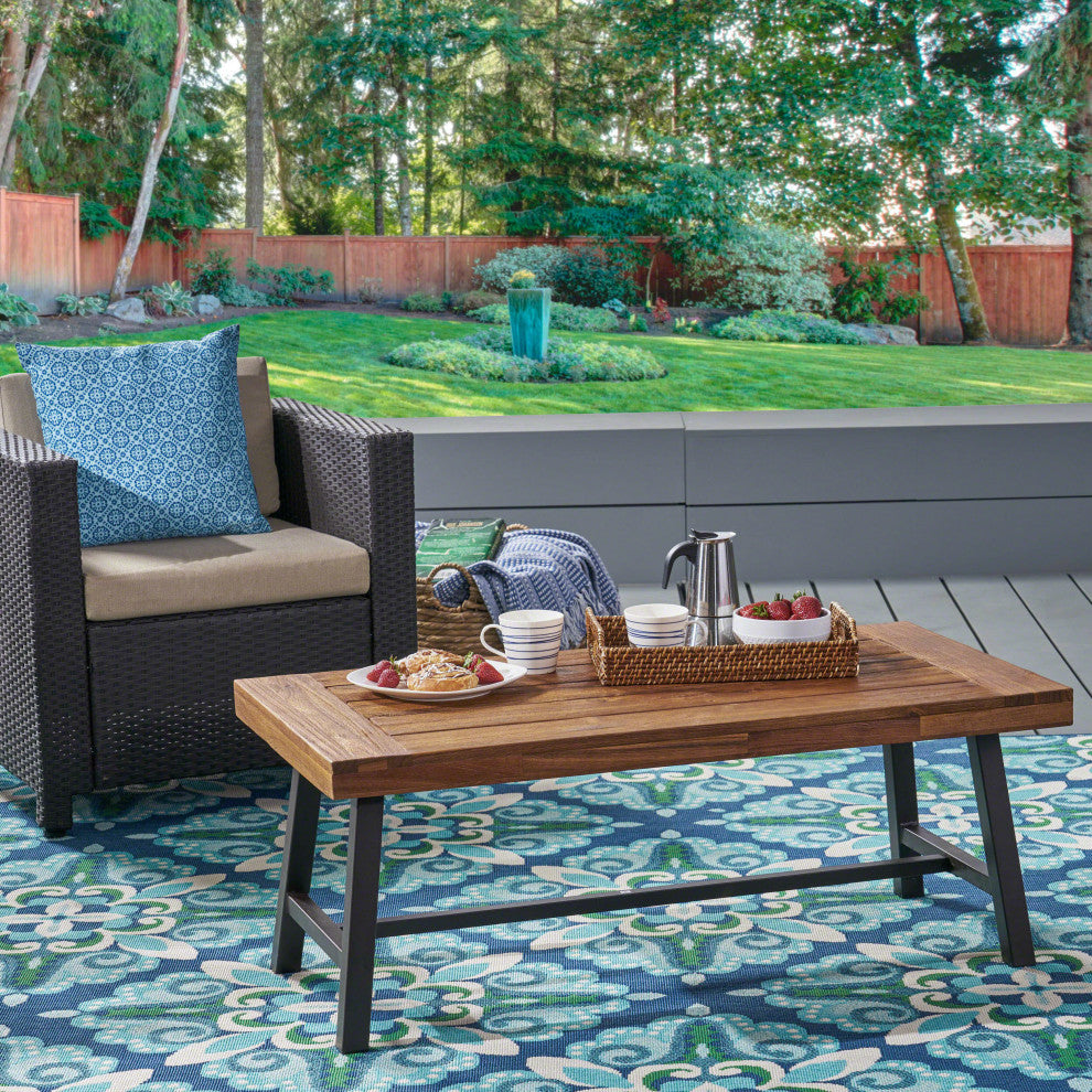 GDF Studio Jenny Outdoor Acacia Wood Coffee Table, Sandblast Teak /Rustic Metal