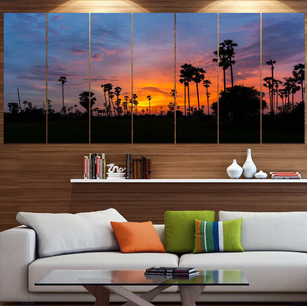 Sugar Palm Tree Silhouette, Landscape Canvas Art Print, 83"x32", 7 Panels