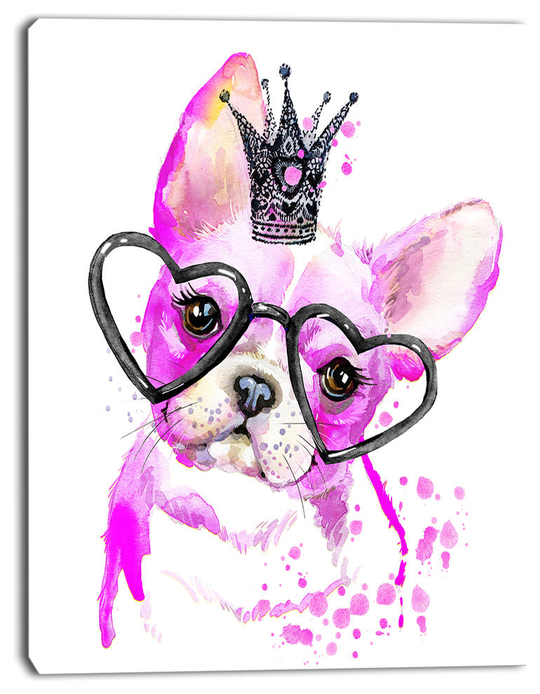 Cute Pink Dog with Heart Glasses, Contemporary Animal Art Canvas, 28"x60"