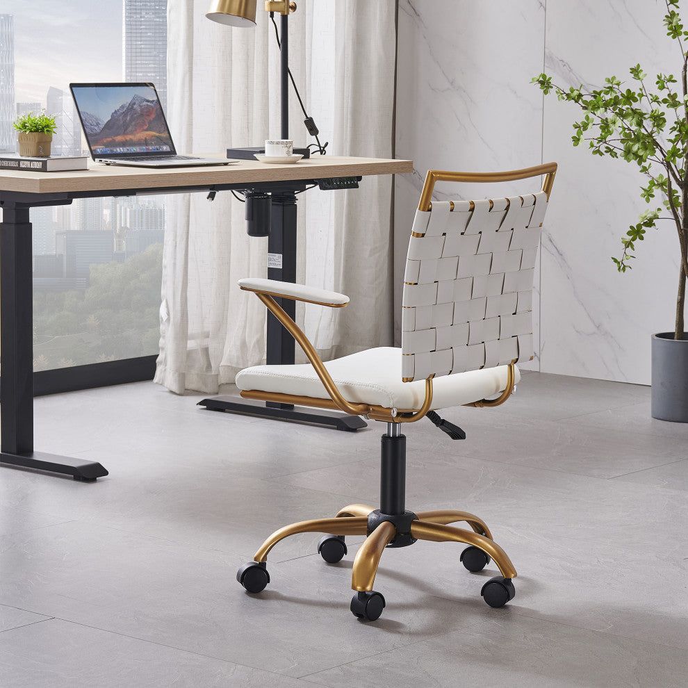 LUXMOD Classy Goldtone Adjustable Swivel Ergonomic Desk Chair, White