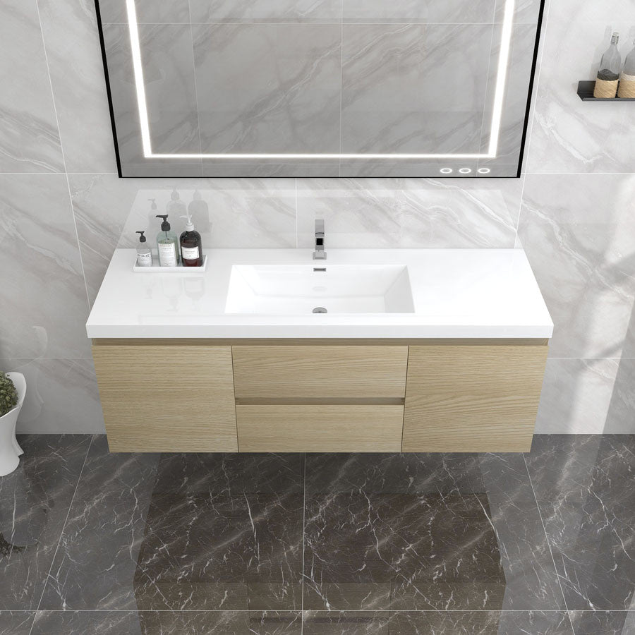 BTO 60" Wall Mounted Bath Vanity With Reinforced Acrylic Sink, Single Sink, White Oak