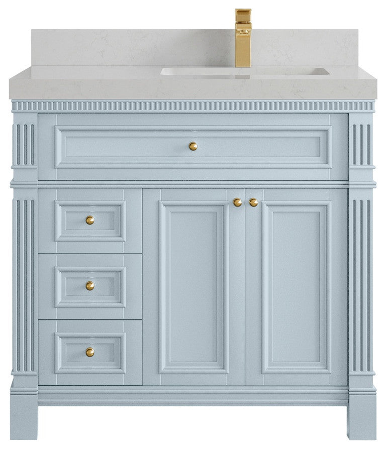 Paris 36" Right Offset Bathroom Vanity, Blue Heather 2" Carrara Quartz