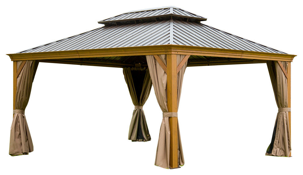 Hardtop Gazebo with Galvanized Steel Double Canopy, Yellow Brown