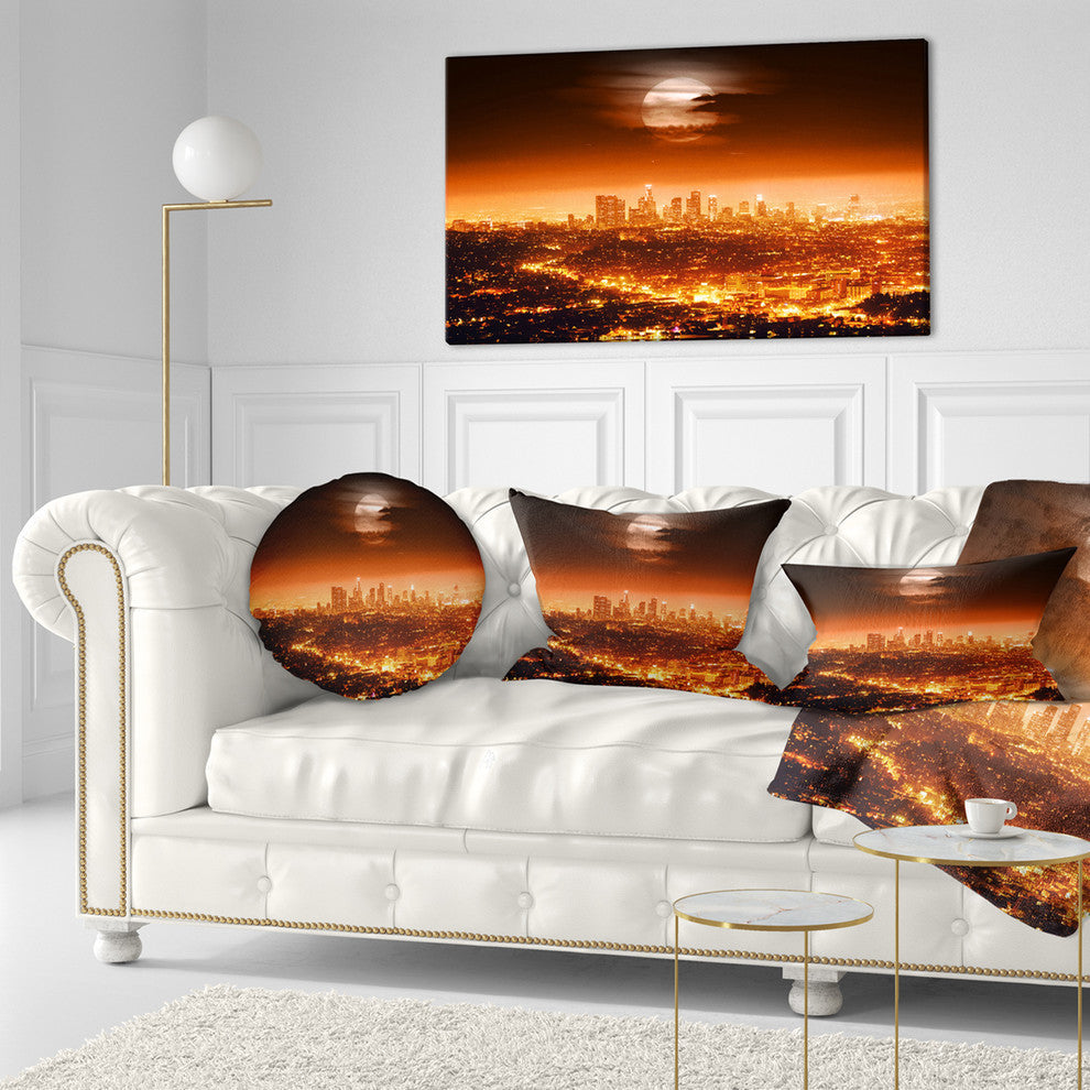 Dramatic Full Moon Over Los Angeles Cityscape Throw Pillow, 12"x20"