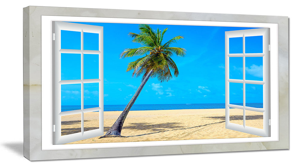 "Open Window To Beach With Palm" Seashore Wall Art, 32"x16"