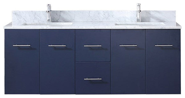 Amelie 60" Navy Blue Double Bath Vanity Cabinet Carrara Marble Top Square Sinks