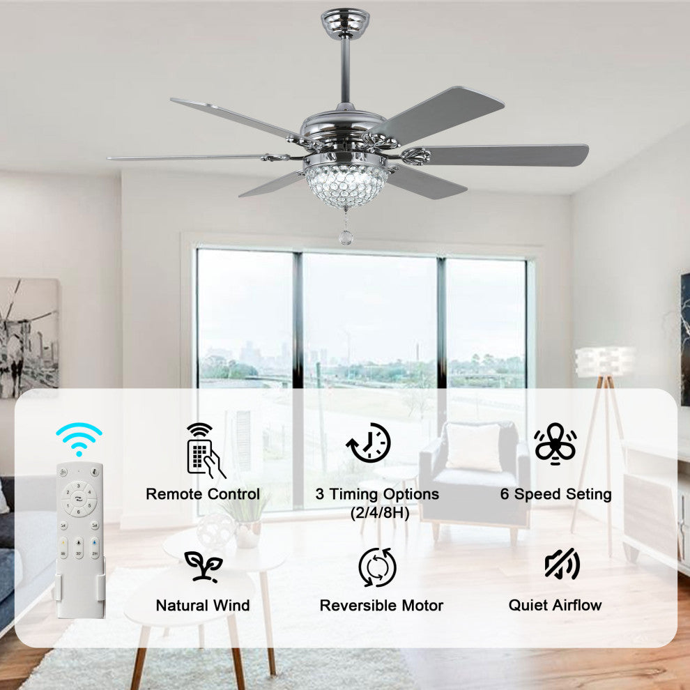 65" Modern Crystal Ceiling Fan with Dimmable LED Light and Remote, Silver