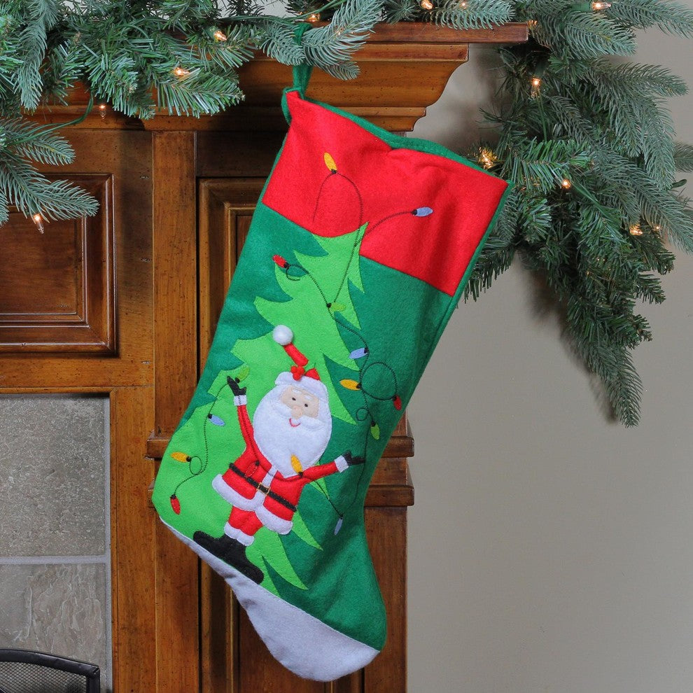 19" Green Felt Santa and Christmas Tree Decorative Stocking With Red Cuff