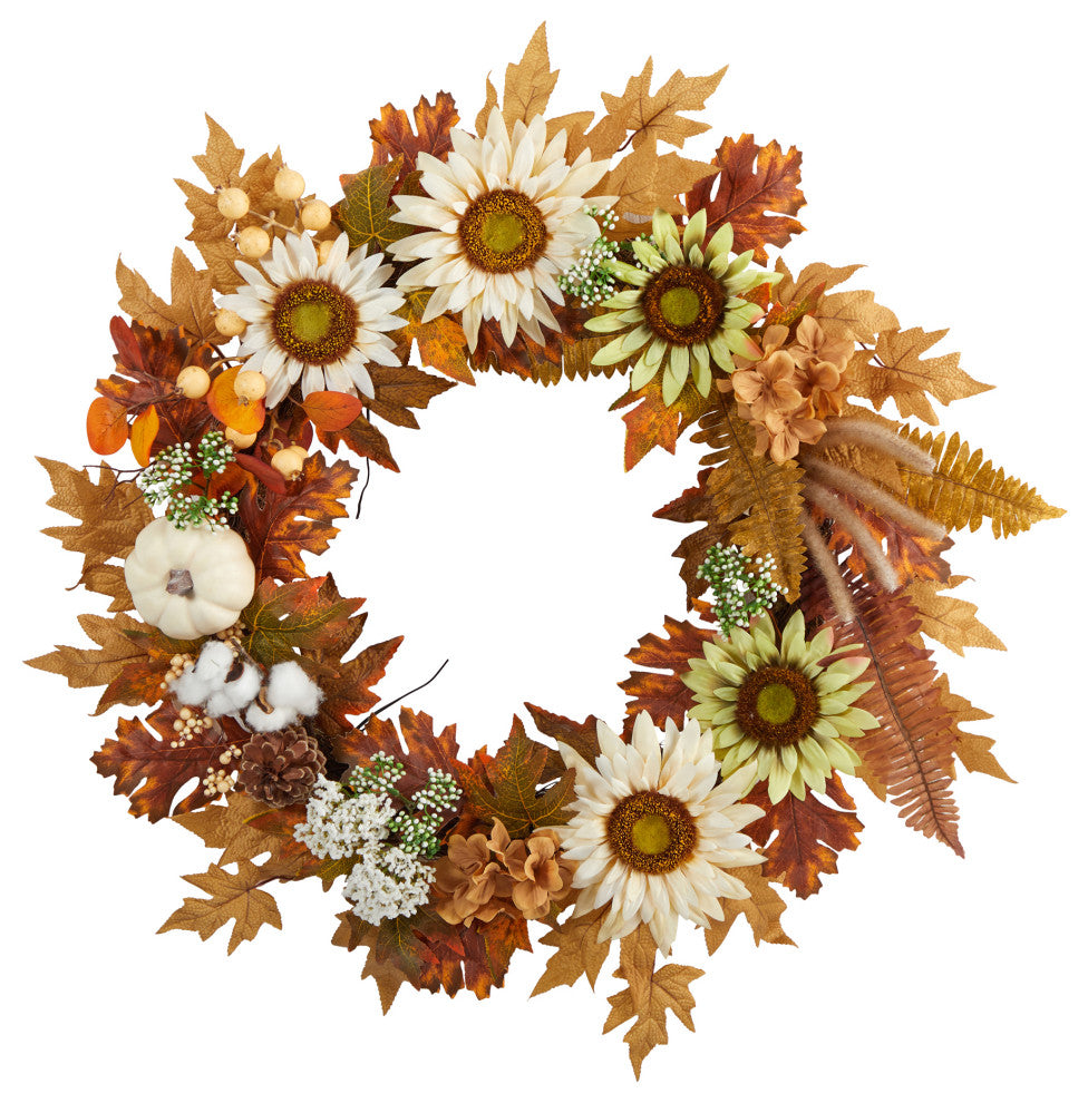 30" Autumn Sunflower, White Pumpkin and Berries Artificial Fall Wreath