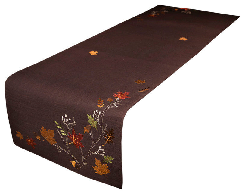 Autumn Branches Embroidered Fall Table Runner, Coffee, 16"x54"