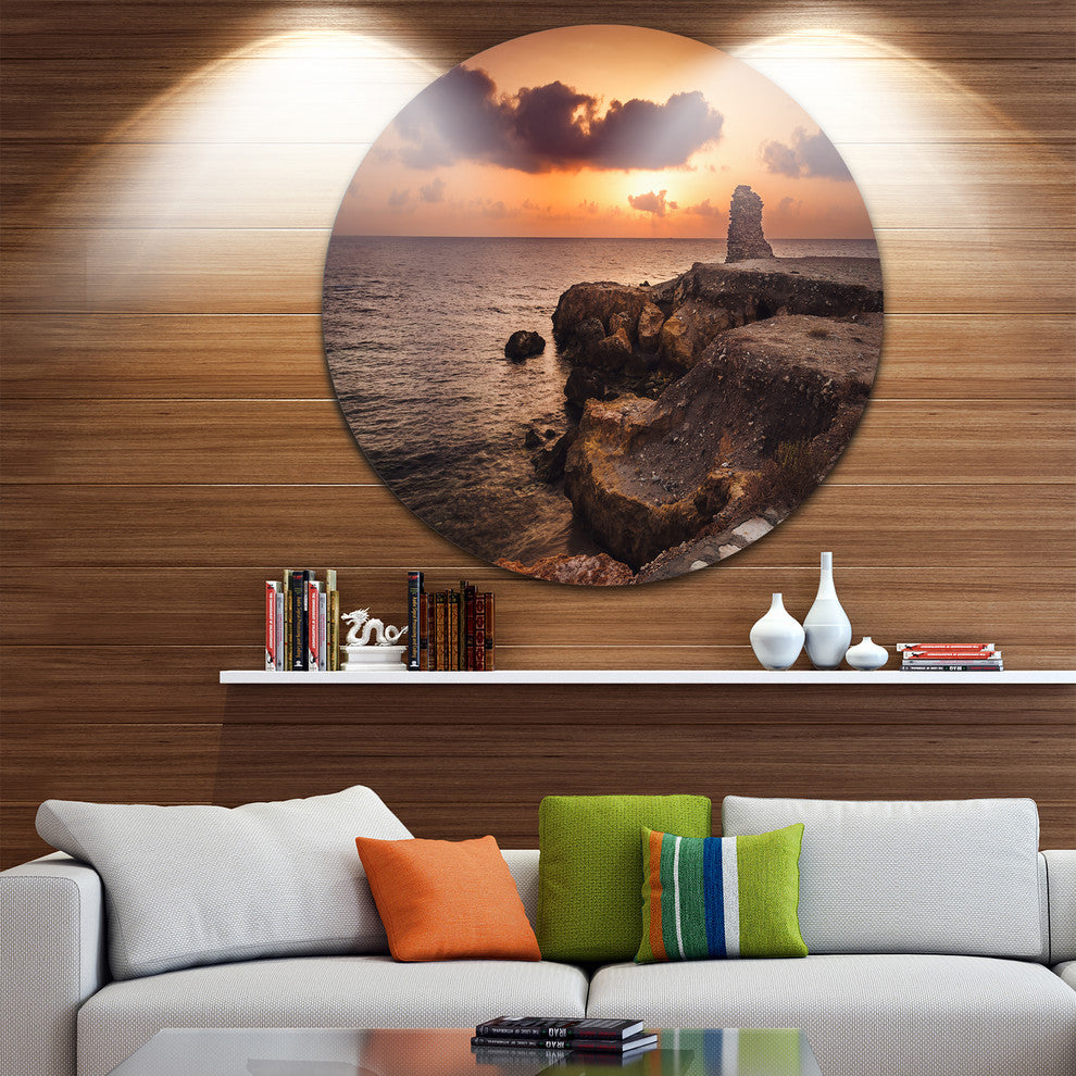 Beach Sunset With Ancient Ruins, Beach Round Metal Wall Art, 11"