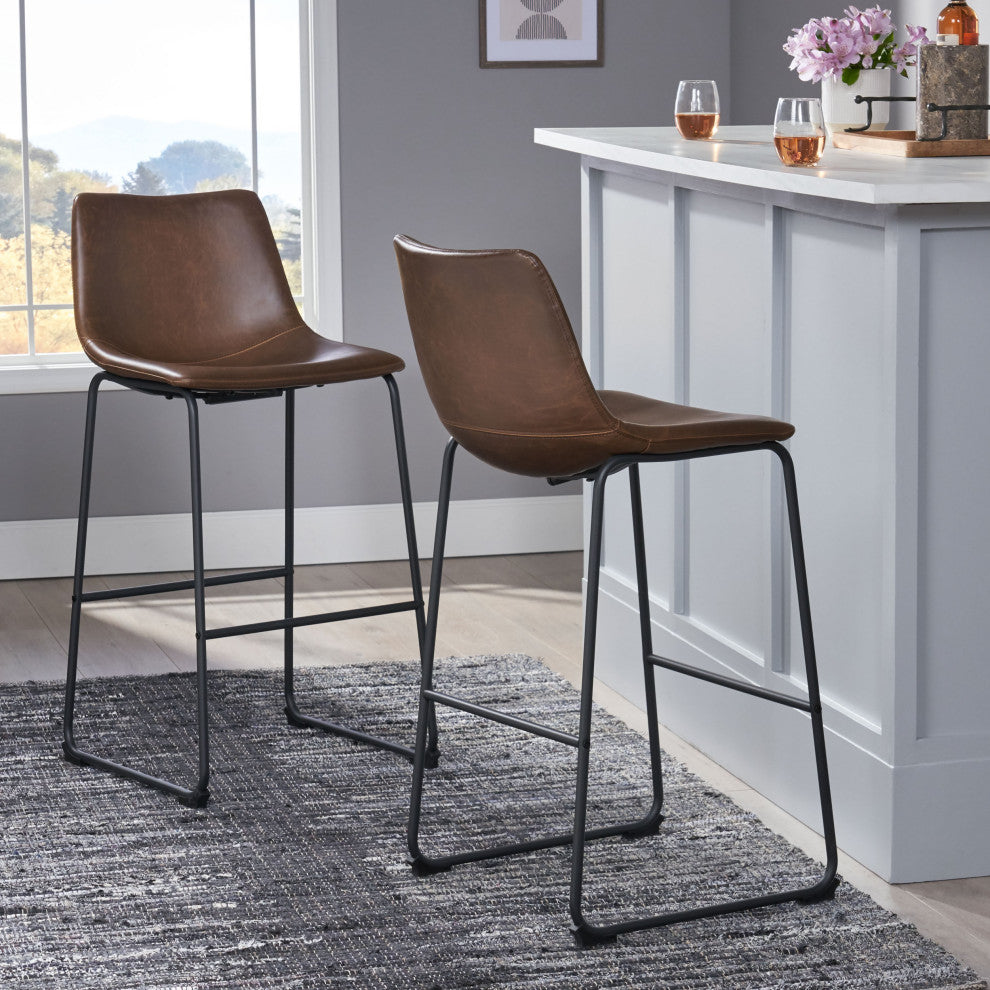 GDF Studio Central Vintage Brown Faux Leather Bar Stool, Set of 2, Brown, Pu