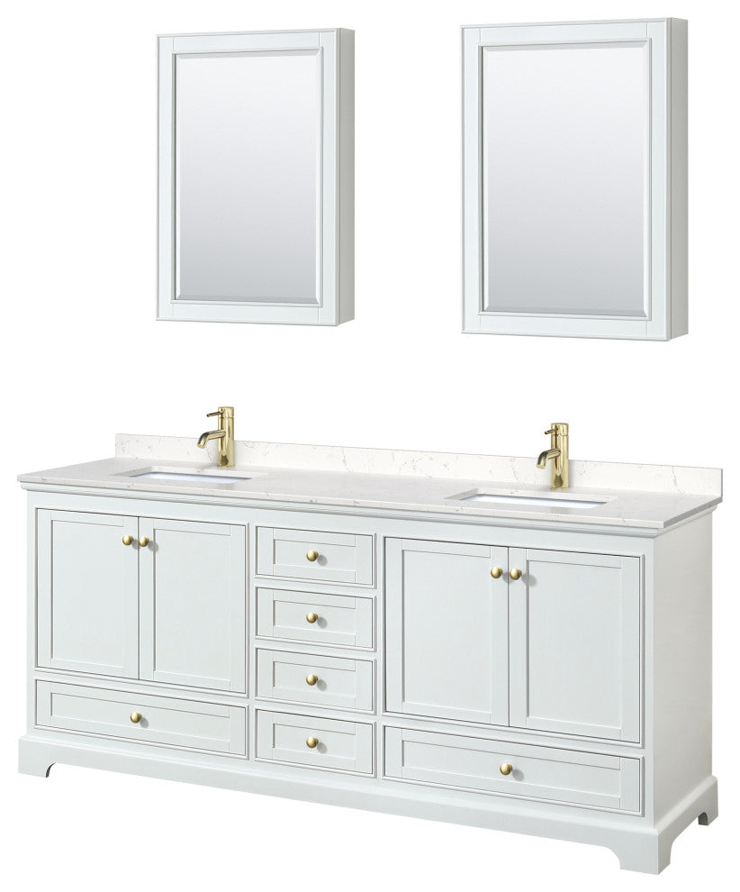 80"DBL Vanity White, Carrara Cult. Marble Top, Sinks, Gold Trim, Med. Cabinets