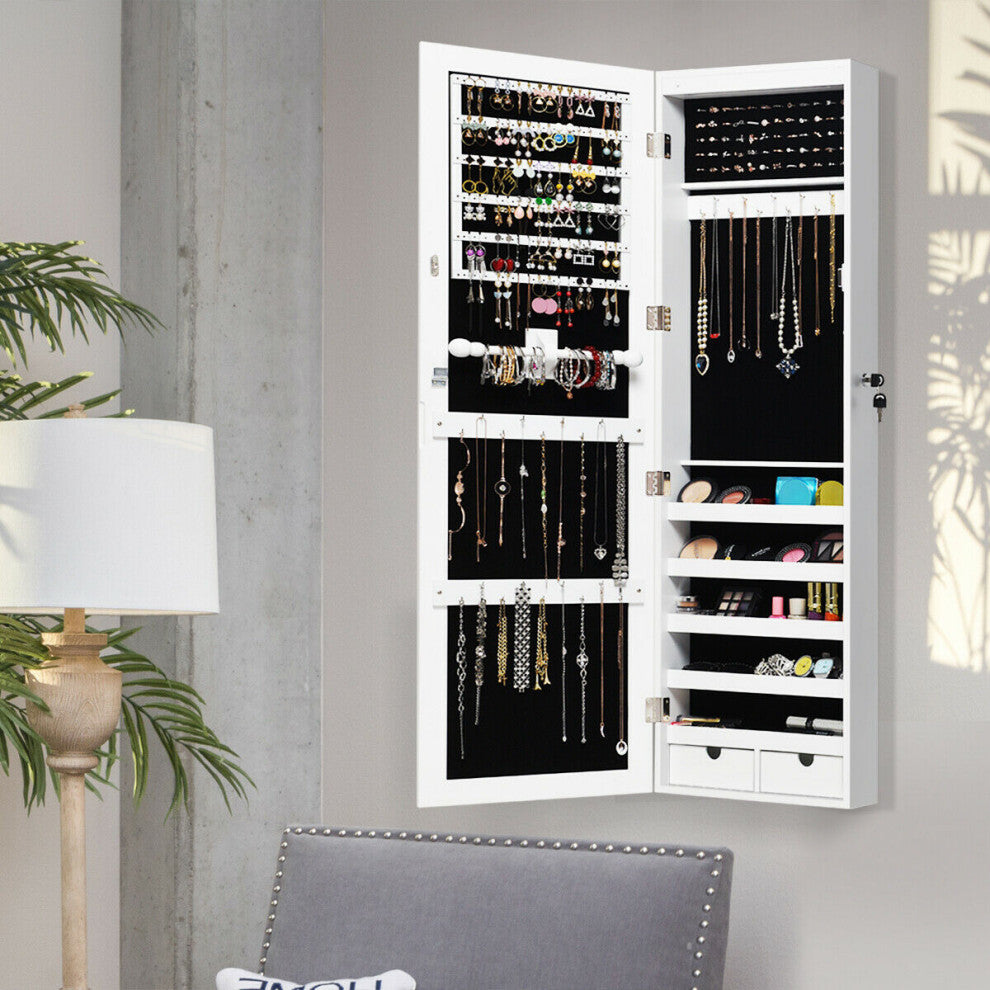Costway Wall Mounted Mirrored Jewelry Cabinet Organizer Lockable w/ LED Lights