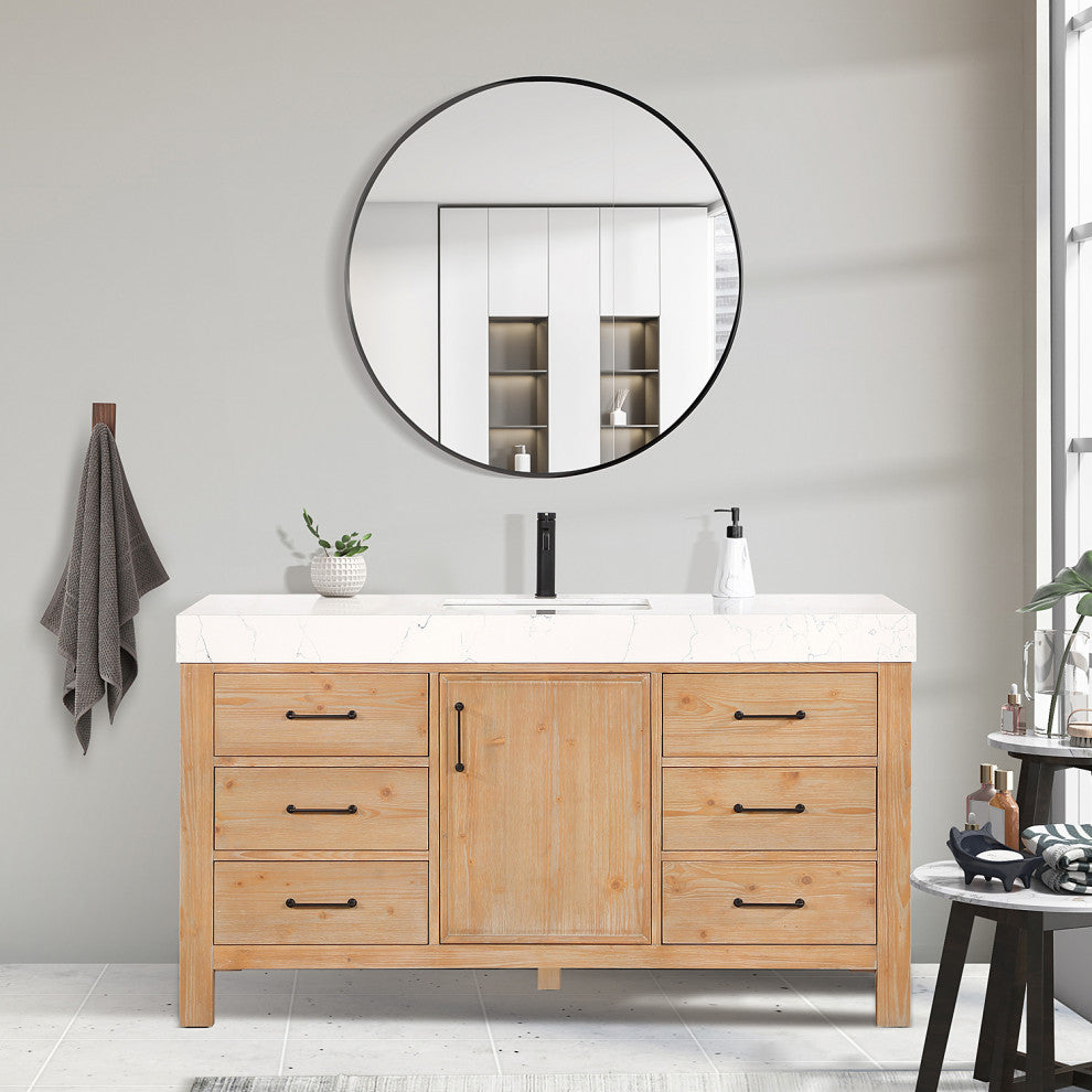 Leon Bath Vanity With Composite Stone Top, Fir Wood Brown, 60" Single Sink, No Mirror