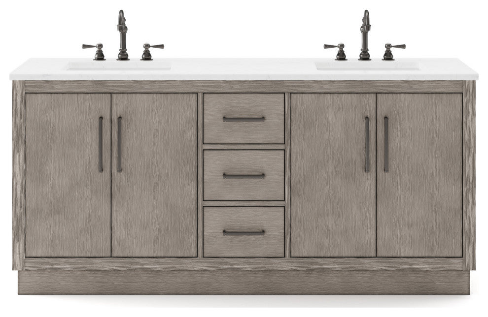 Hugo Carrara White Marble Countertop Bathroom Vanity in Grey Oak, Bronze Handle, 72", Vanity With Hook Faucet