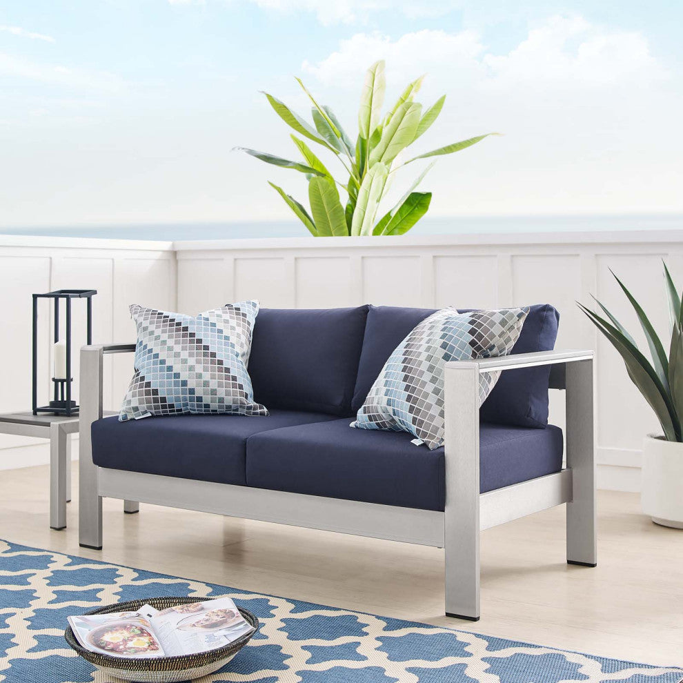 Lounge Loveseat Sofa, Sunbrella, Fabric, Aluminum, Silver Blue Navy, Outdoor