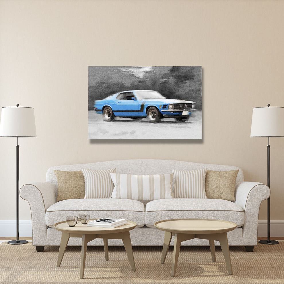 "1970 Ford Mustang Boss Blue Watercolor" Fine Art Print
