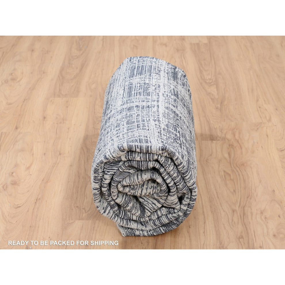 Black Hand Loomed Modern Erased Lines Design Wool and Silk Rug 7'10" x 10'0"