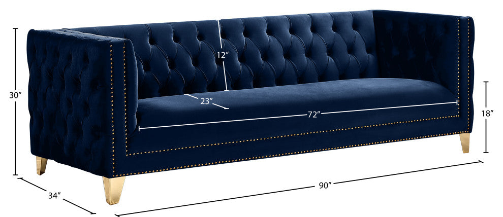 Michelle Fabric Upholstered Chair, Gold Iron Legs, Navy, Velvet, Sofa