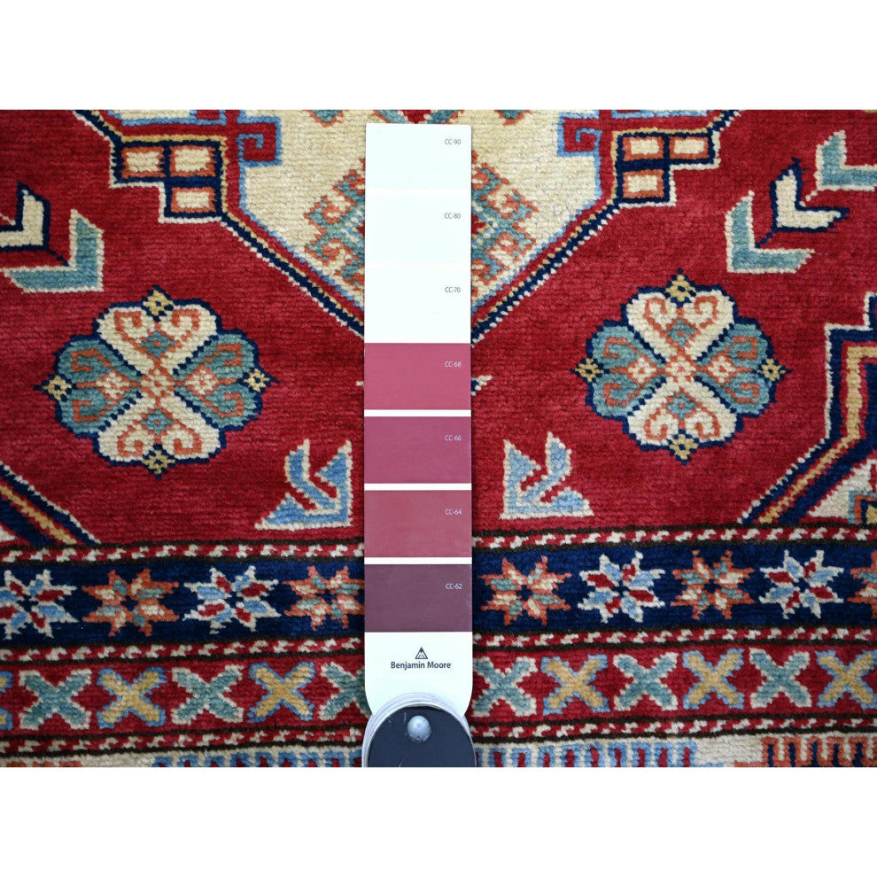 Scarlet Red Shirvan Weave Afghan Super Kazak Wool Hand Knotted Rug, 5'8"x8'1"