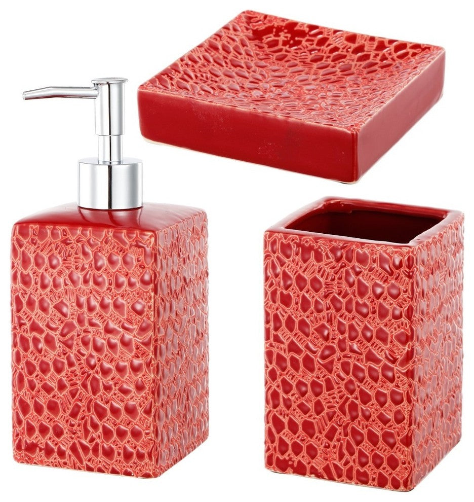 Set Of 3 Stoneware Bath Set, Red