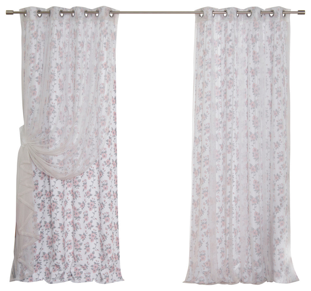 Tulle and Hibiscus Blossom Mix and Match Curtains, White, 52"x84"