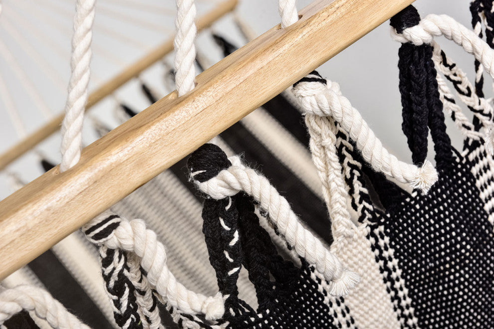 Triple Weave Black and Natural Cotton Hammock, Wooden Bar