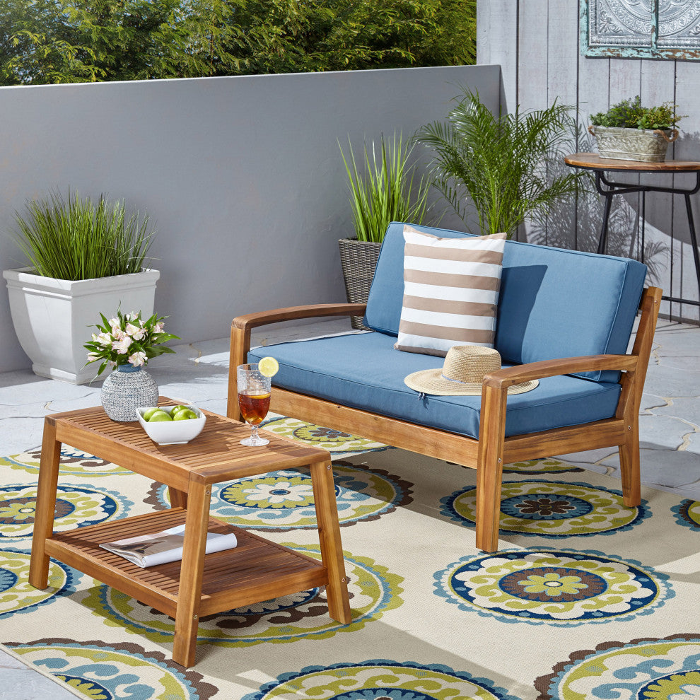 GDF Studio Christian Outdoor Acacia Wood Loveseat/Coffee Set, Teak Finish/Blue