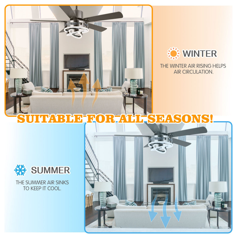 52" Ceiling Fan with Adjustable LED Light Kit, 3 Color Tone 6 Fan Speed, Chrome