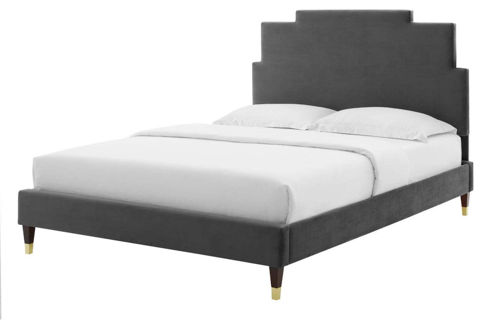 Platform Bed Frame, King Size, Velvet, Dark Gray, Modern Contemporary