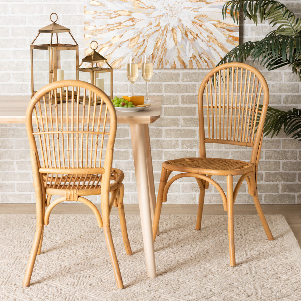 Wina Modern Bohemian Natural Brown Rattan 2-Piece Dining Chair Set