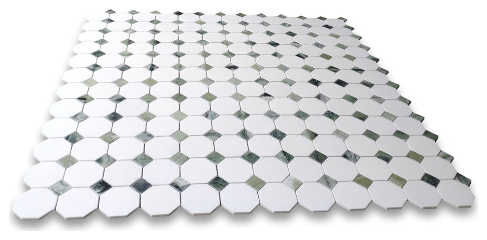 Thassos White Marble Octagon Mosaic Tile Sagano Green Dots Polished, 1 sheet