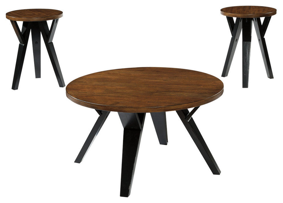 Retro Style Round Wooden Table Set with Angular Leg Support, Set of 3, Brown