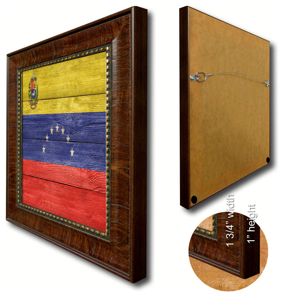 Venezuela Country Textured Flag Print With Brown Gold Frame, 19"X27"