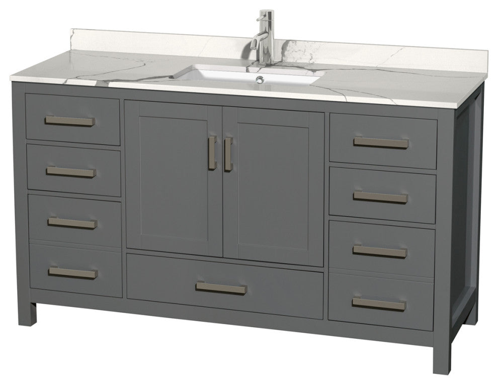 Sheffield 60" Dark Gray SGL Vanity, Calacatta Quartz Top, Square Sink, No Mirror
