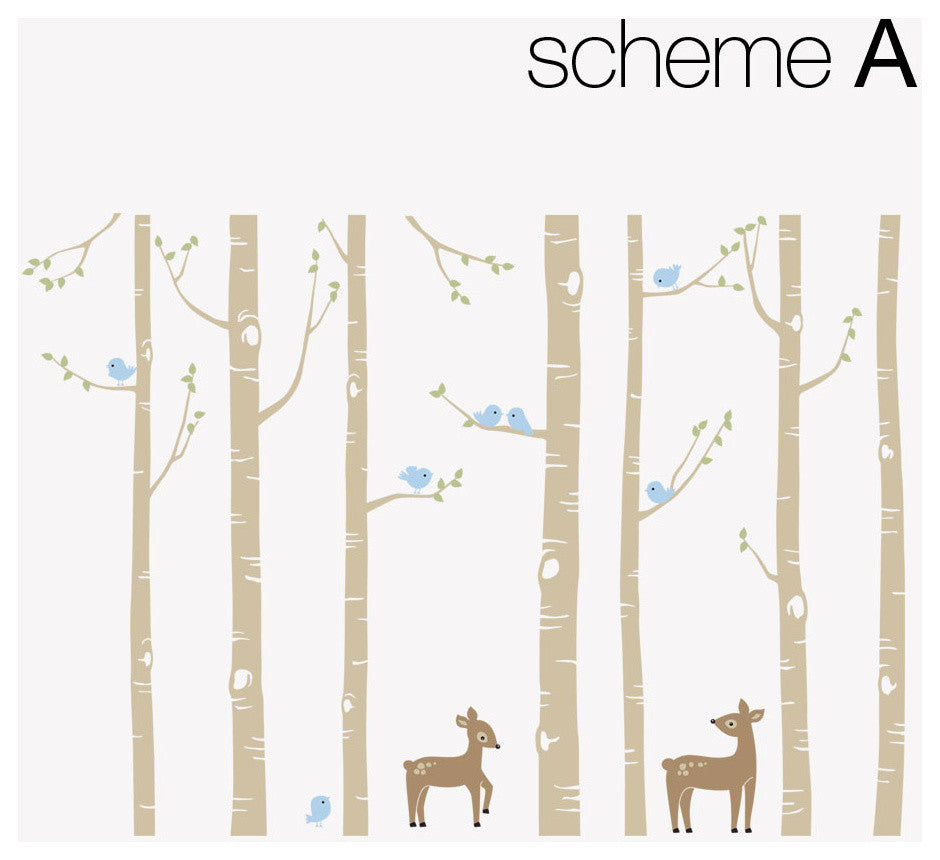 Birch Tree with Bird and Deer Wall Decals, Scheme A, Large