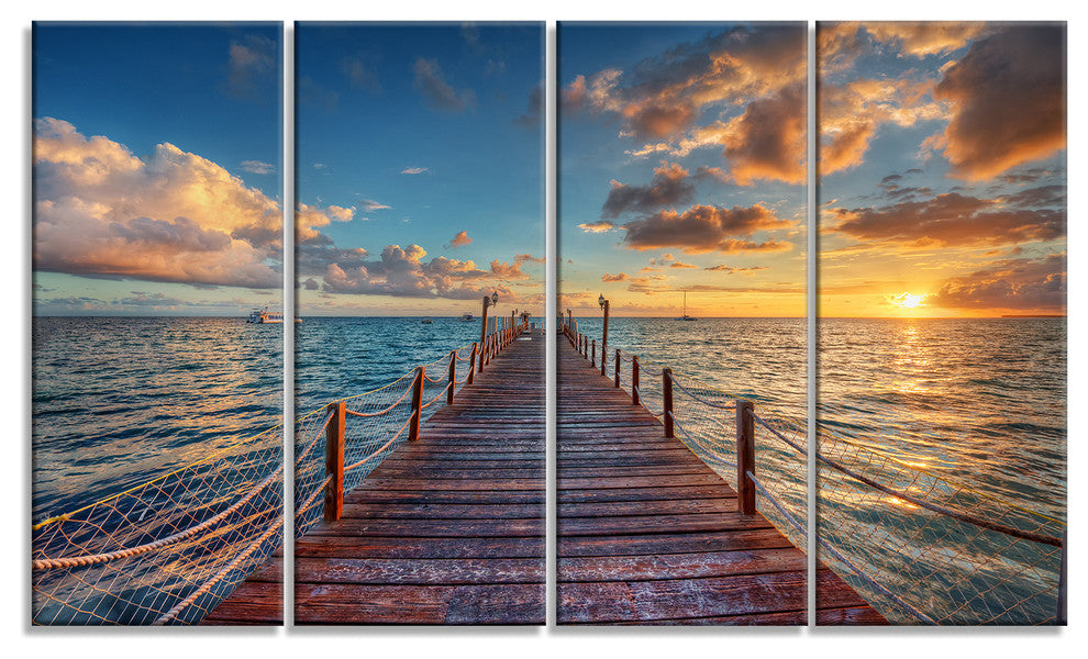 Brilliant Sunrise over Sea Pier, Modern Canvas Print, 48"x28", 4 Panels