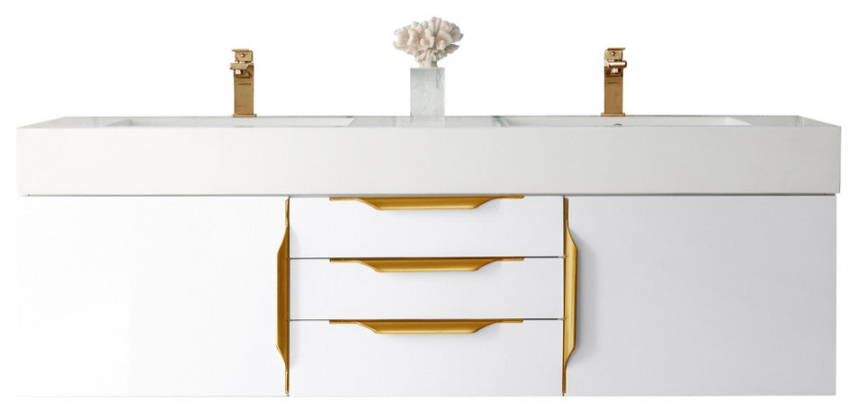 Columbia 59" Double Wall Mount Vanity, Glossy White, Gold, Glossy White Top