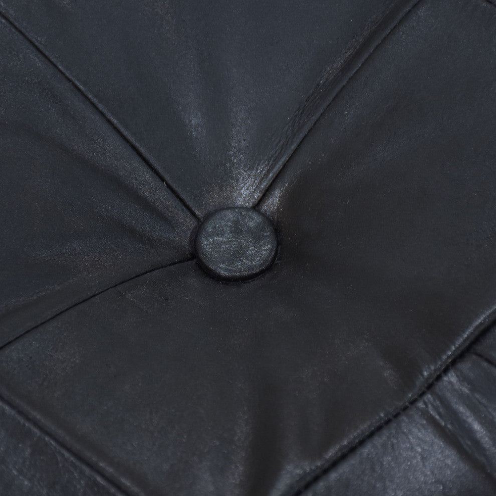 Geometric Handmade Leather Pouf (Recycled Foam with Fibre Fill) Black, [Square]18x18x18