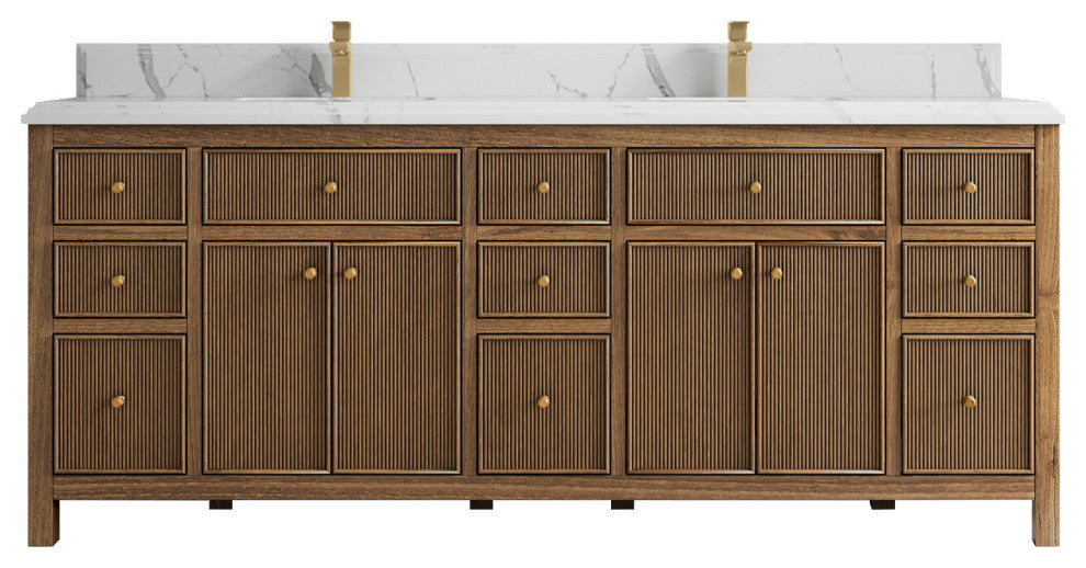 Sonoma Teak 84 Double Sink Bath Vanity in Dark Natural with 1.5" Calacatta Laza