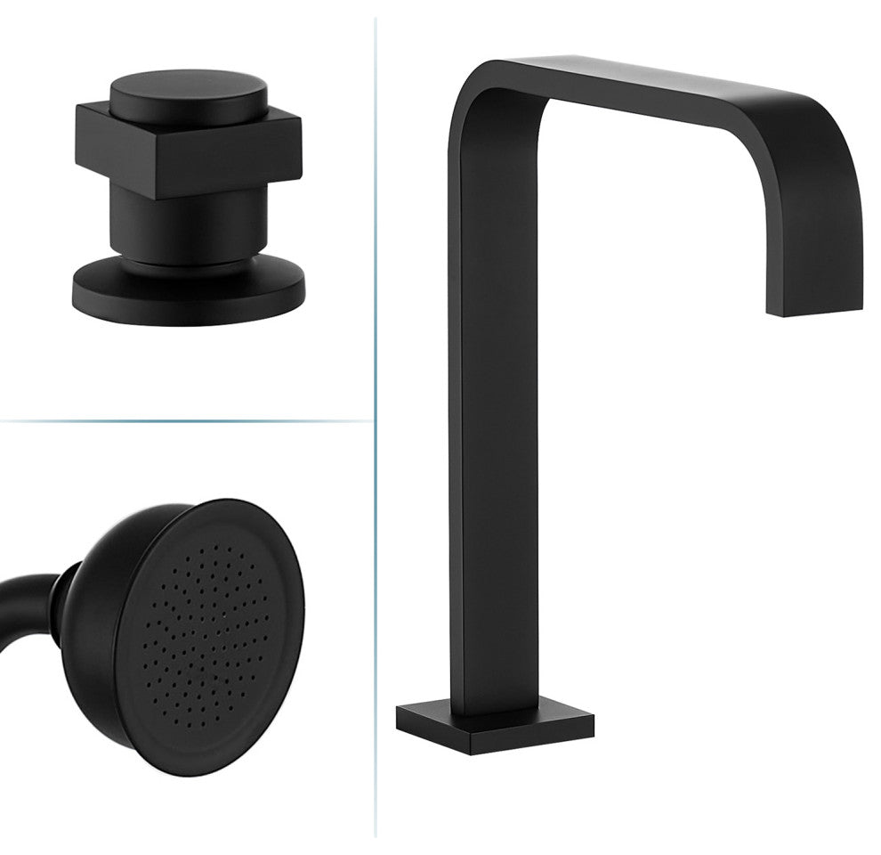 Vikran Triple Handle Deck-Mount Roman Tub Faucet Trim With Handshower, Matte Black